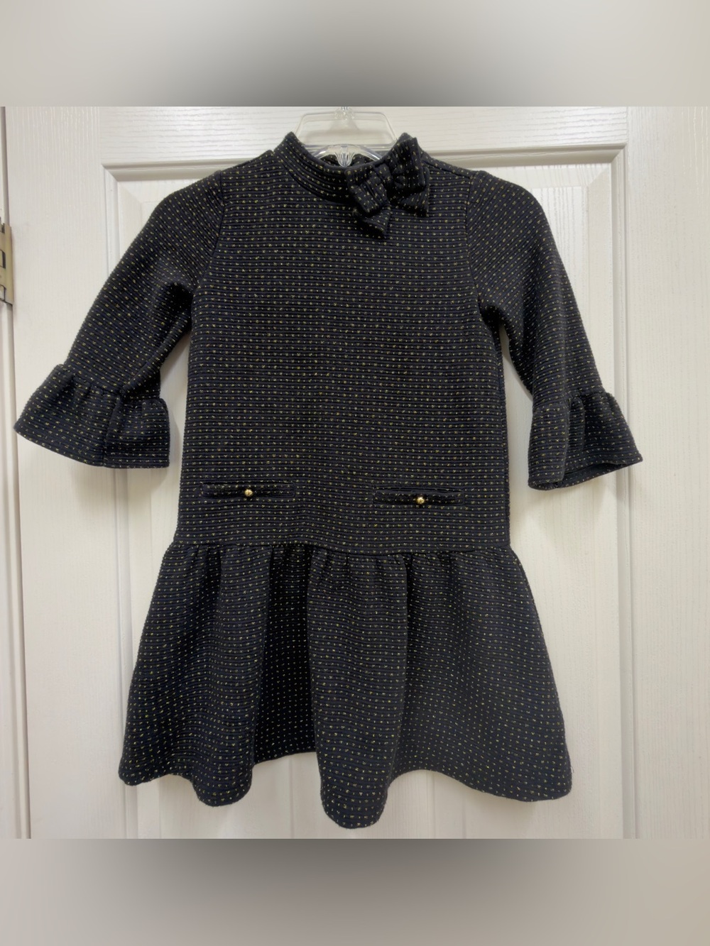 Janie and Jack Holiday Knit Dress Black/Gold Dot Detail and Bow neck size 8